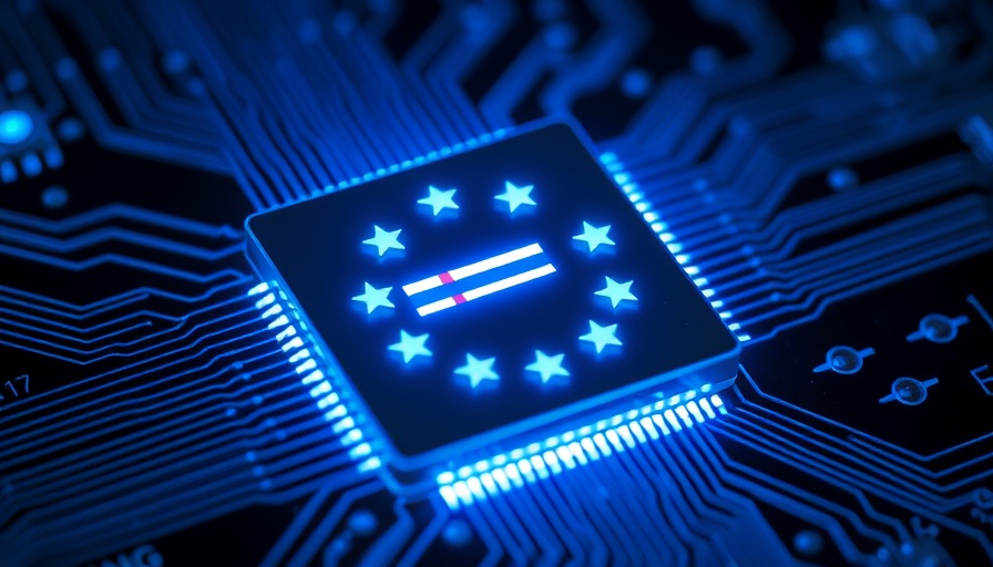 Futuristic EU microchip glowing on a circuit board, symbolizing tech innovation.