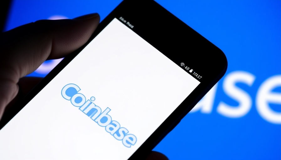 Smartphone showing Coinbase app, blue logo background, peer-to-peer payments.