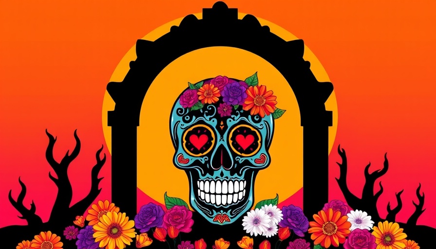 Vibrant Día de Oakwood celebration illustration with colorful skull and flowers.