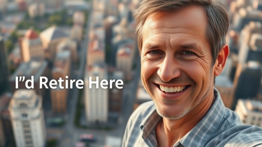 Smiling man overlooks Greenville SC housing market, vibrant urban scene, 'I'd Retire Here'.