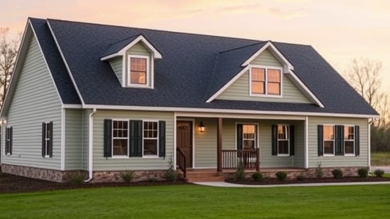 Ranch-style modular home with multiple rooflines in peaceful setting.