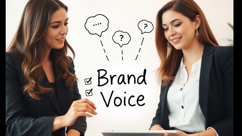 Two business women discuss 'Brand Voice' in a modern workspace with messaging icons.