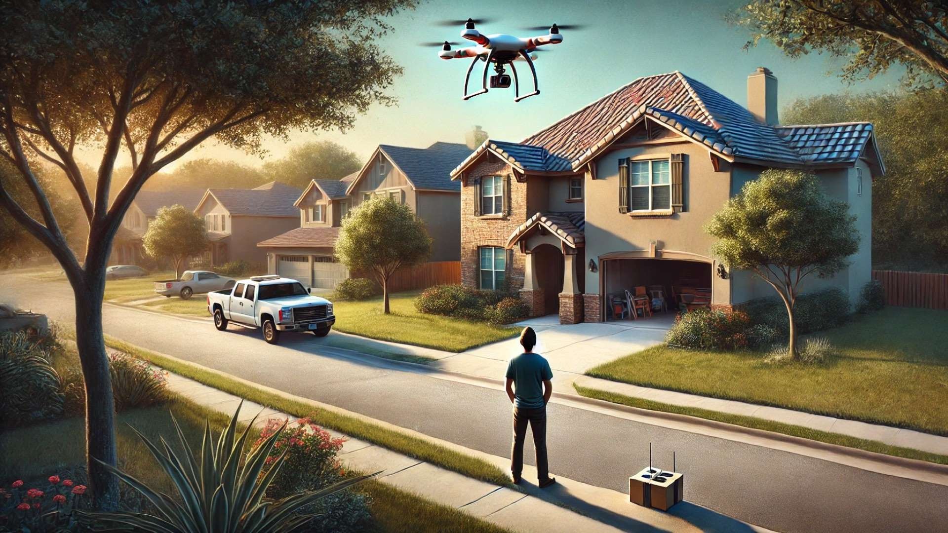 suburban Texas neighborhood scene with a small roofing inspection drone hovering above a house, capturing the subtle tension between technology and homeowner privacy