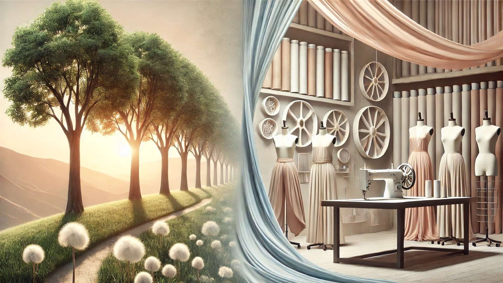 Split environment showing a natural tree-lined landscape on one side and a fashion studio on the other, with mannequins dressed in soft draped garments and textile tools arranged in a clean, minimalist workspace.