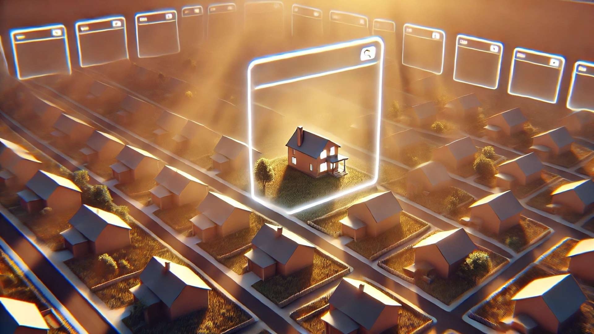 A glowing browser-frame outline highlights a single home in a neighborhood, symbolizing online visibility among competing roofing businesses.