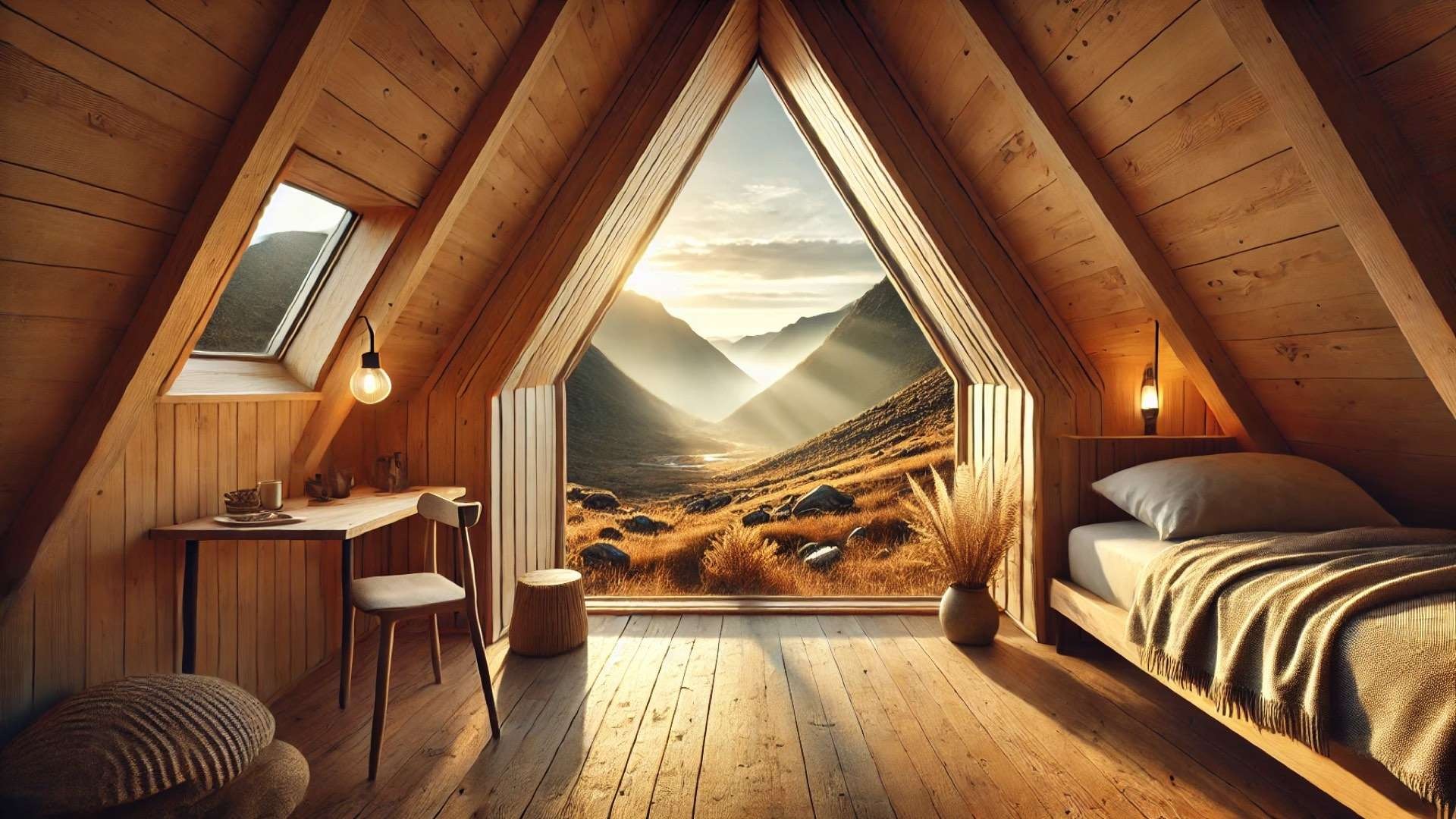 Cozy wooden triangular cabin interior with full-height glass framing a golden mountain valley at sunset.