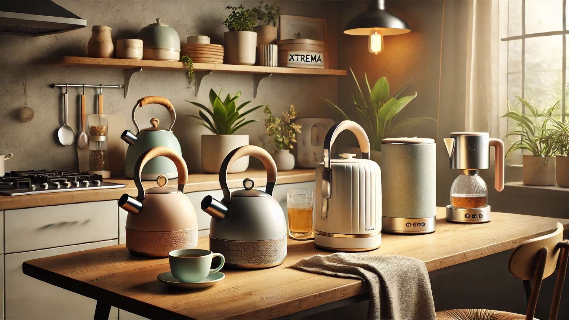 eco-conscious kitchen scene featuring stylish sustainable kettles