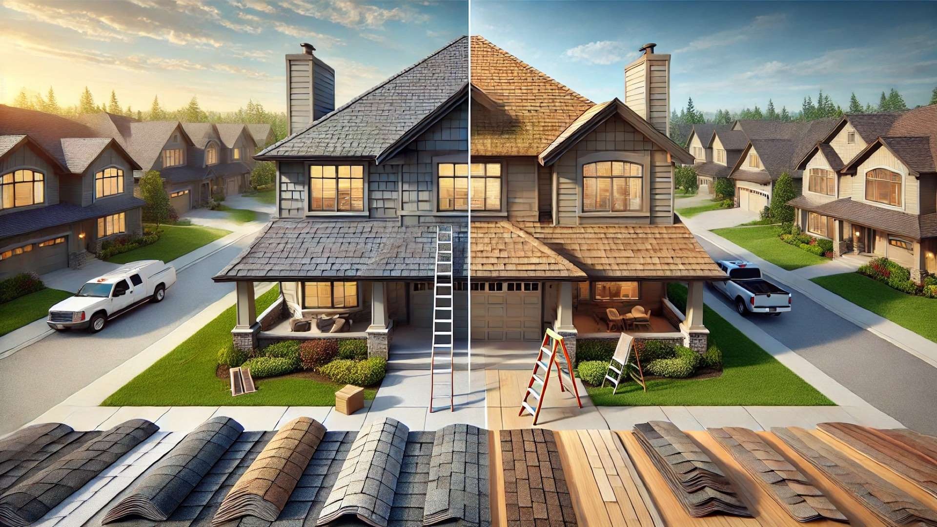 Split-view suburban home comparing two architectural shingle roofs, showing standard dimensional shingles on one side and thicker premium textured shingles on the other.