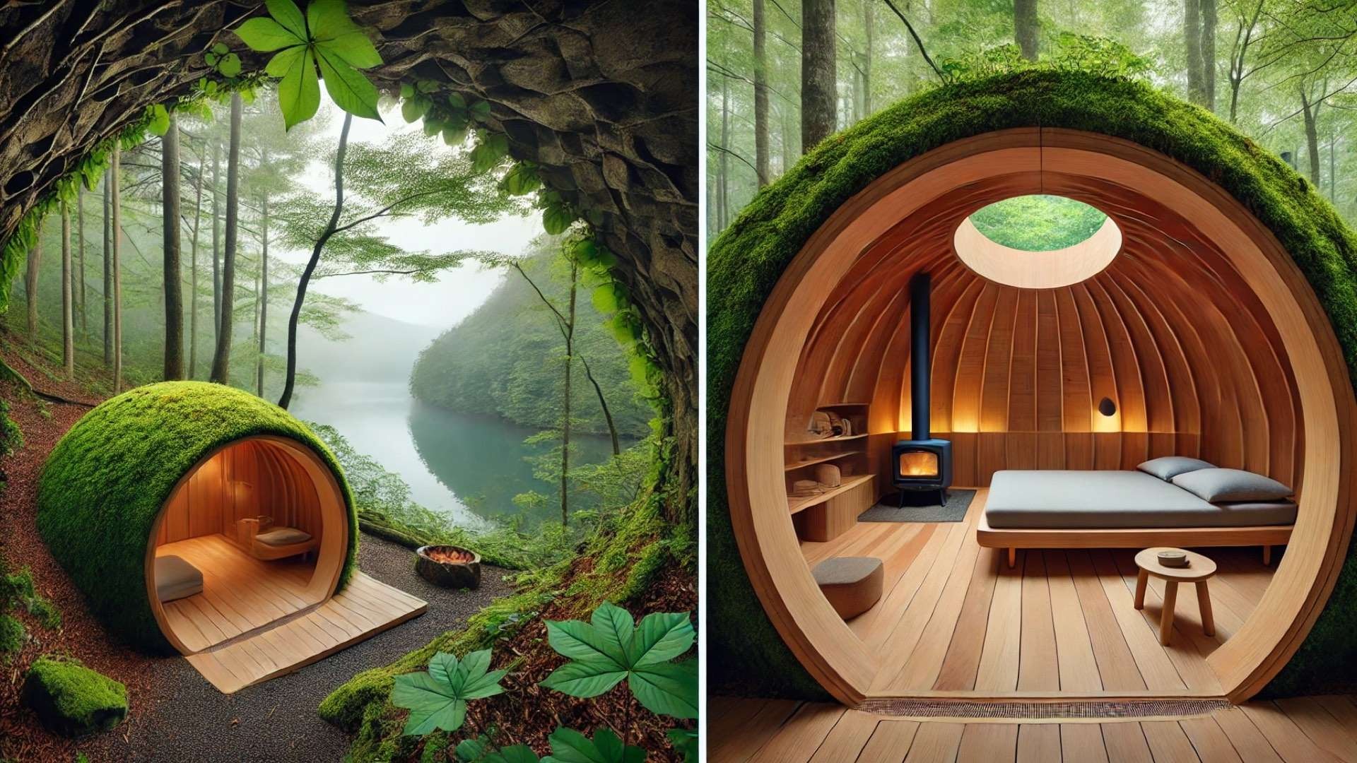 Cave-like wooden micro-cabin with a round opening set in a lush Japanese forest, showing a cozy interior with bed and stove, blending seamlessly into nature.