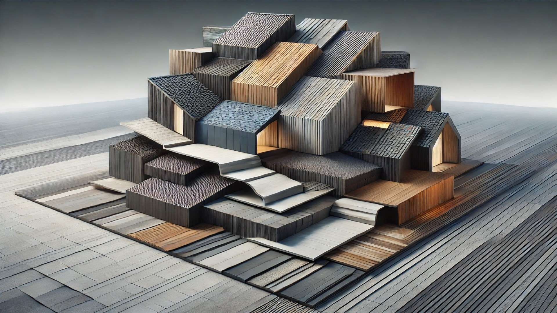 Sculptural architectural composition made of interlocking roof forms, each clad in different materials such as slate, metal, wood, and shingles, arranged like a layered landscape under soft neutral lighting.