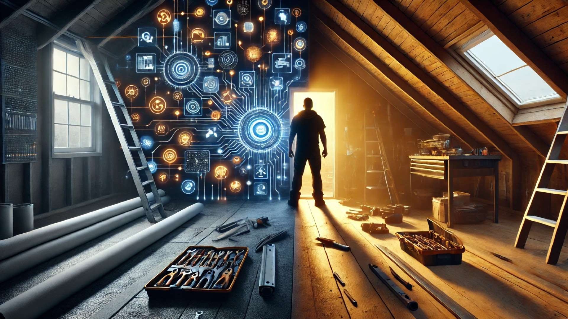 A split workshop scene contrasts a chaotic digital alert environment with a calm, organized authority-building setup, illustrating the difference between marketplace leads and owned-demand systems.