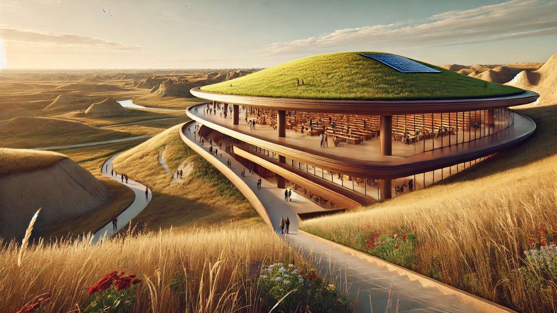 Contemporary library embedded into rolling Badlands landscape with a sweeping green roof covered in prairie grasses, curved timber structure with glass walls, and visitors walking along paths and rooftop terraces under warm daylight