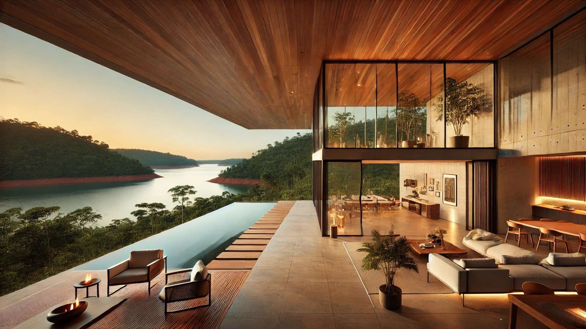 Modern interior with split-level layout, glass walls, and indoor-outdoor living area extending toward a pool and panoramic water views.