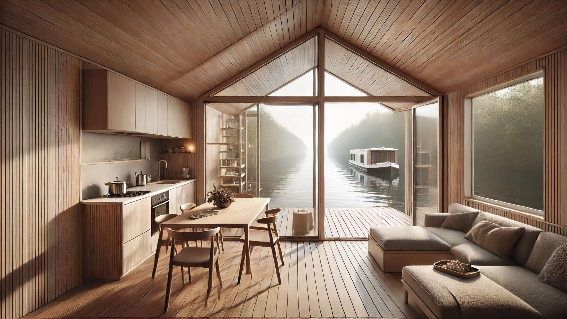 Compact timber-lined cabin interior with a sloped ceiling and exposed beams, showing a clearly enclosed space with a solid side wall, a central dining and lounge area angled toward a framed river-facing window, and a narrow horizontal window above a built-in kitchen offering a controlled side view of the water.