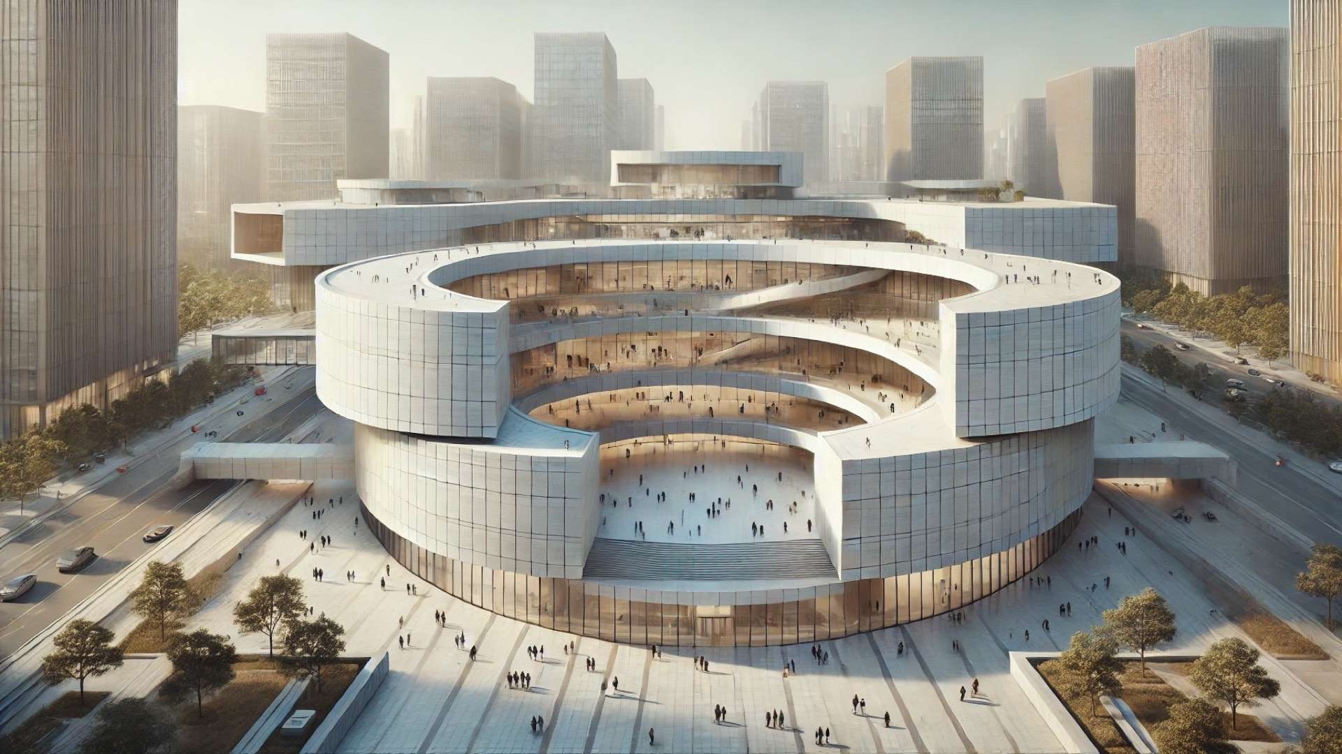 Contemporary circular art museum in an urban Beijing setting, with layered stone volumes wrapped around a large open atrium, surrounded by tall city towers and a public plaza with people.