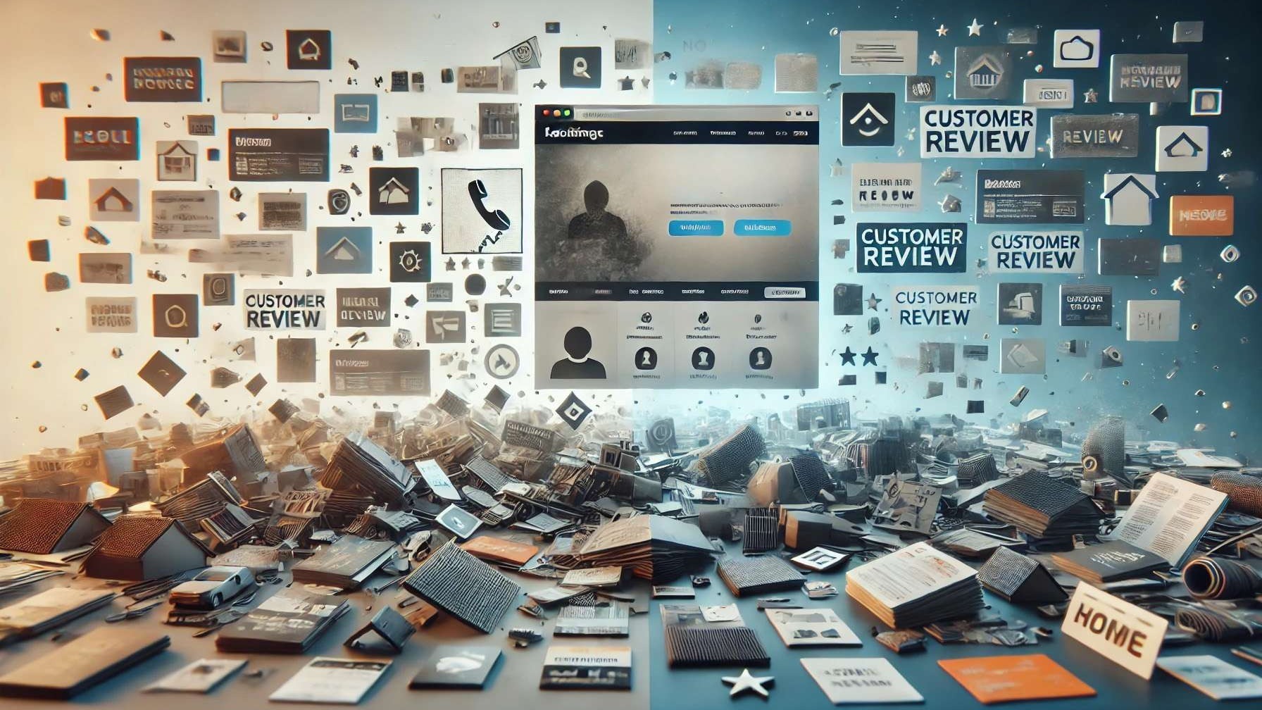 A chaotic explosion of fragmented marketplace listings, icons, and review badges swirling around a central contractor profile — symbolizing how roofing businesses are commoditized and buried inside lead platforms.