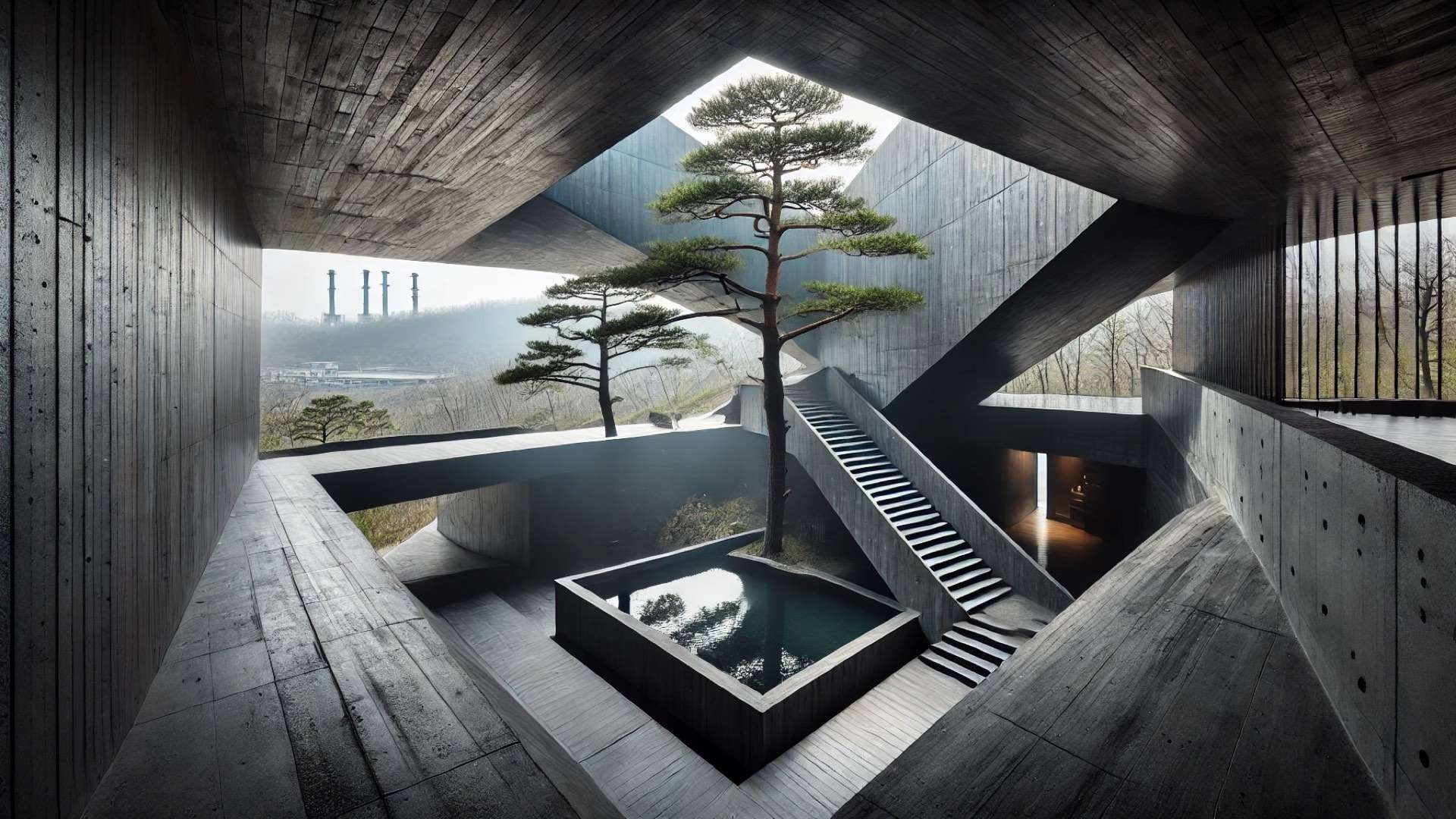 Dramatic charcoal-toned interior atrium carved into a hillside building, with split-level walkways, sculptural stairs, a reflective water basin, and pine trees framed through large angular openings overlooking a distant valley.
