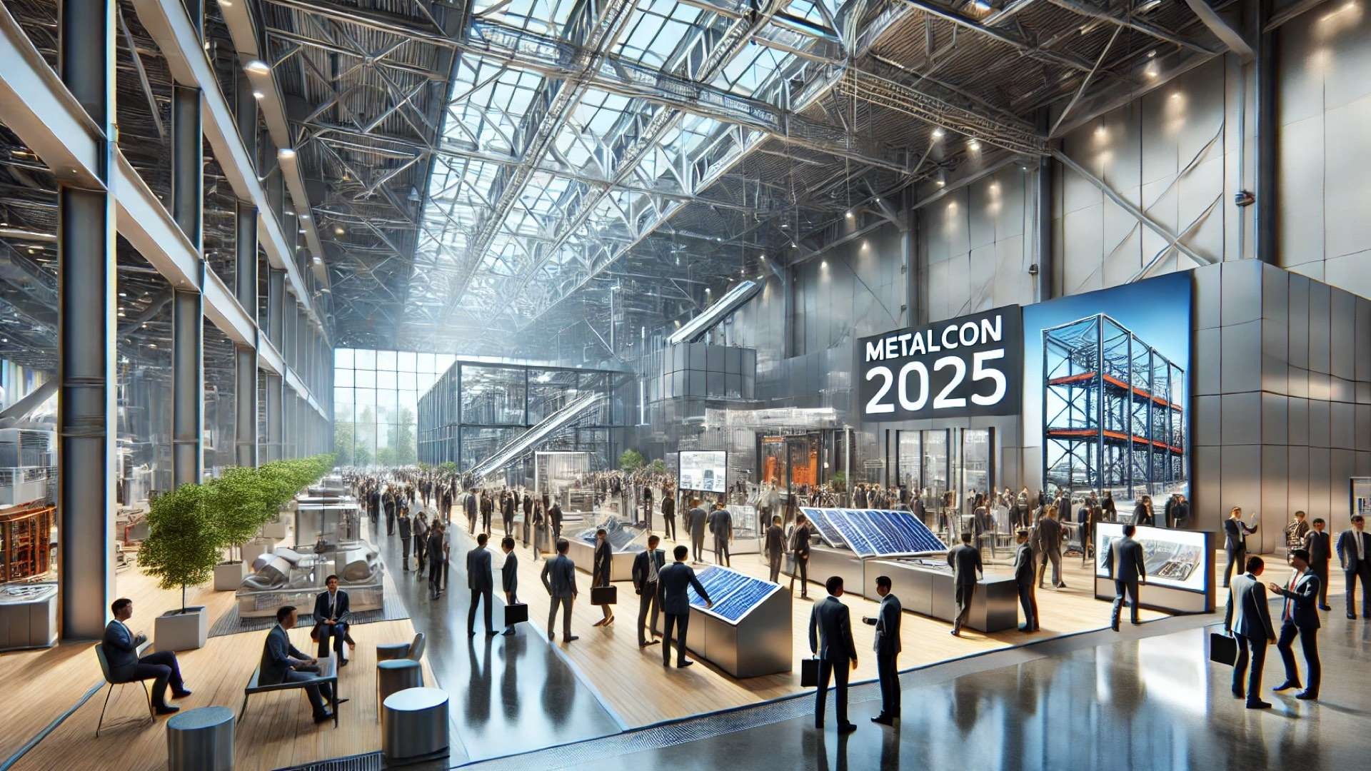 METALCON 2025 event, showcasing futuristic metal construction exhibits, advanced technology demonstrations, and an atmosphere of innovation and sustainability