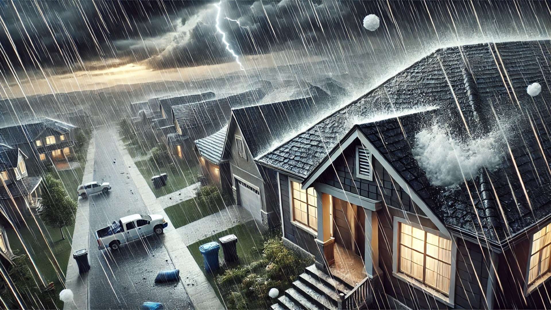 Lightning and heavy hail batter homes in a residential street, highlighting contrasting roof durability during an intense storm.