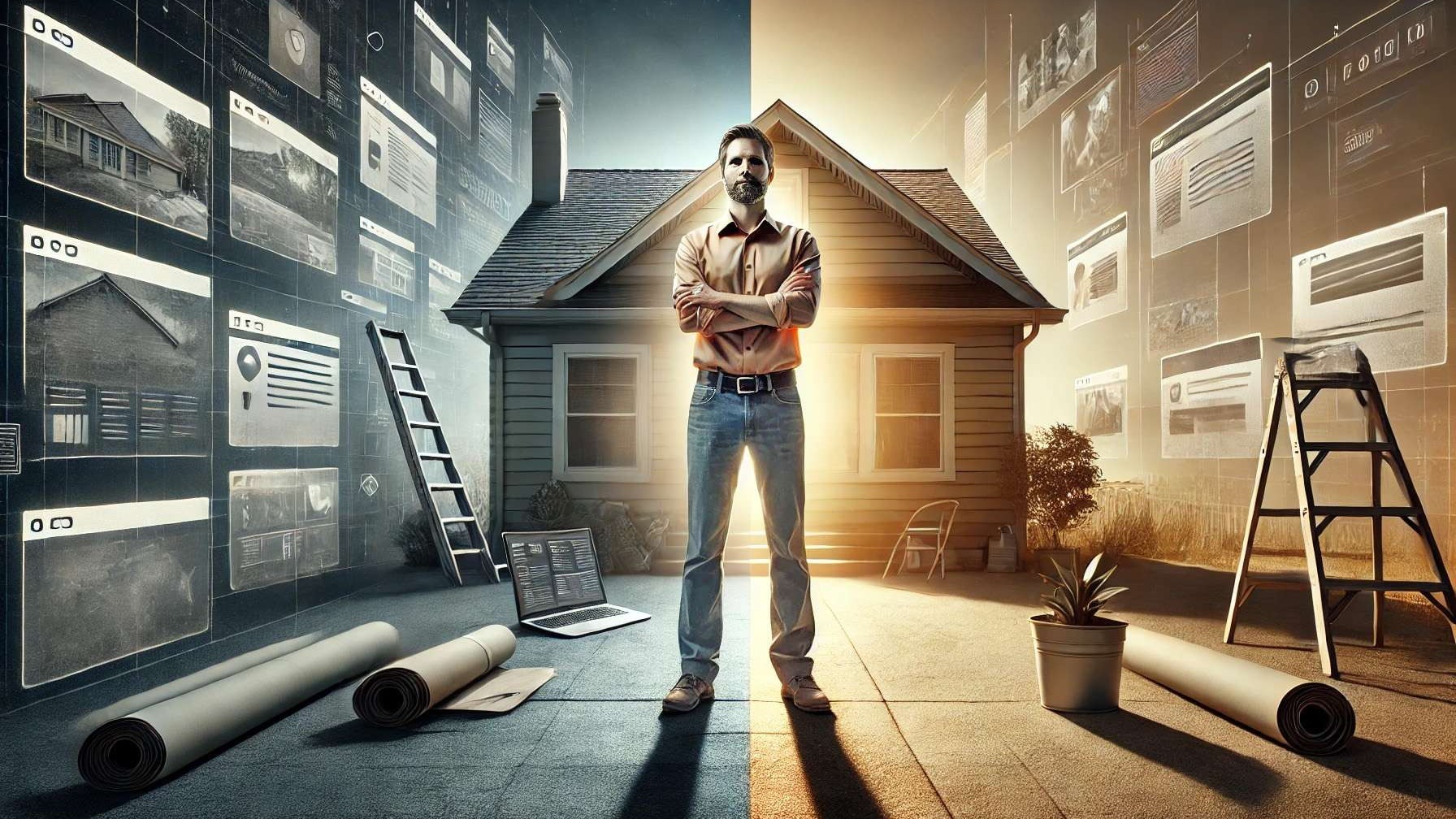 A confident contractor stands on a rooftop at golden hour while their crew works in the background.