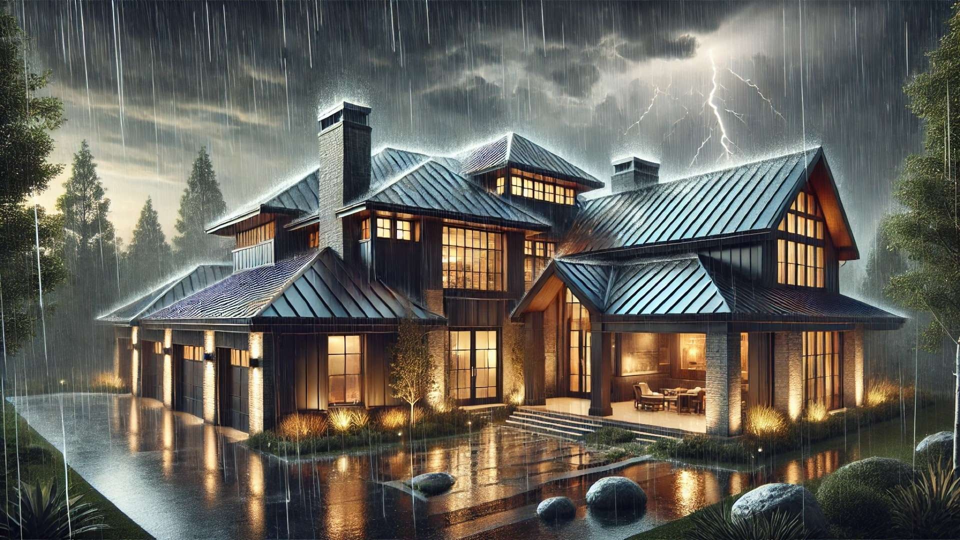 Large upscale home with layered metal rooflines glowing warmly during a severe storm, showcasing hail-resistant roofing under heavy rain and lightning.