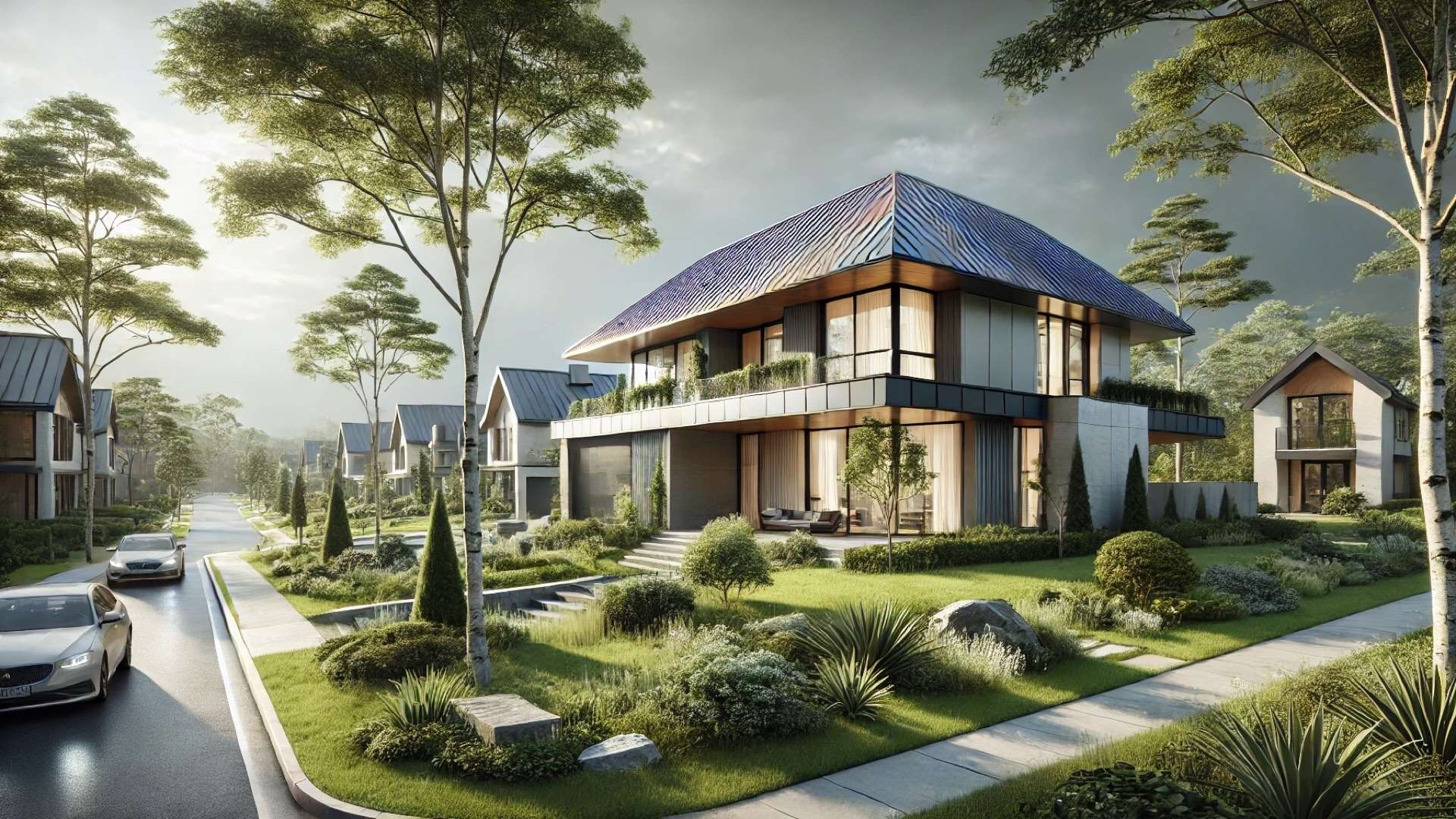 Modern luxury home with a sleek standing-seam metal roof surrounded by lush landscaping in a quiet upscale neighborhood after a clearing storm.