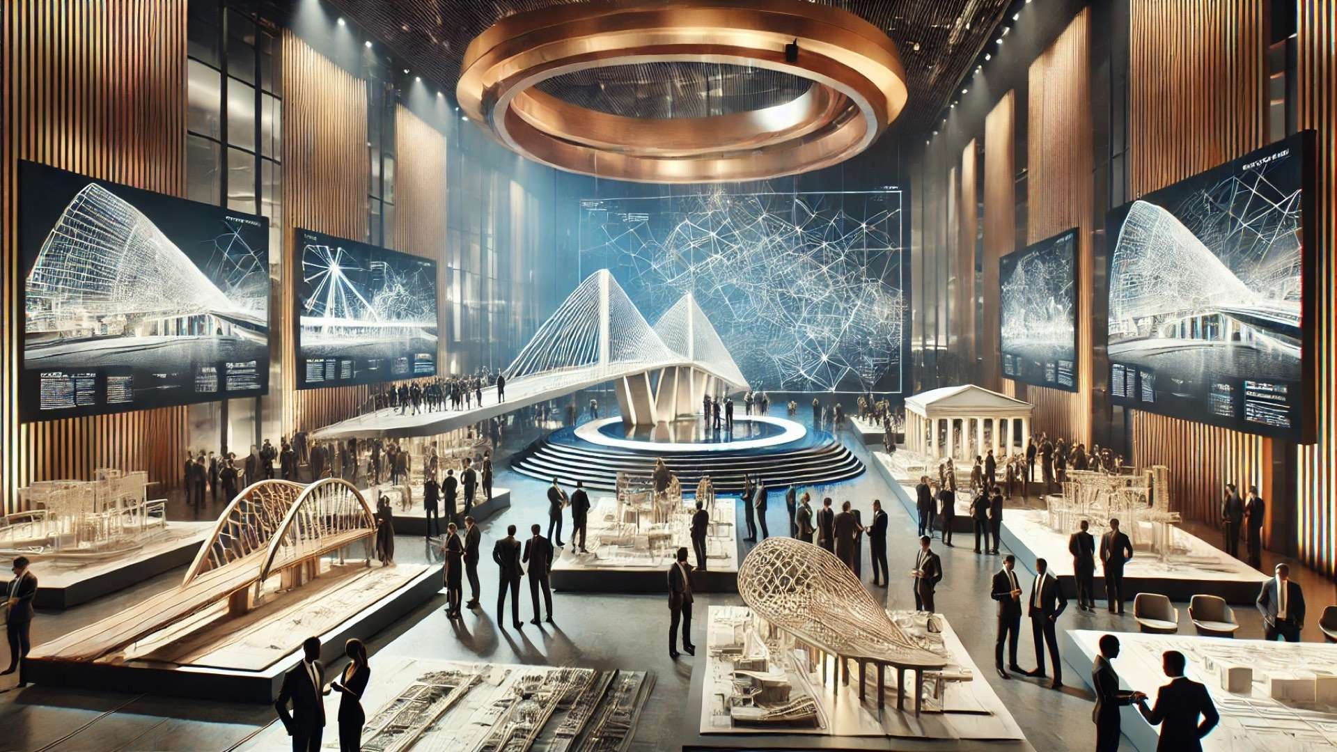 High-end design-build awards event with architectural models displayed on platforms, professionals networking, large abstract screens, and a modern ceremonial setting celebrating design collaboration.
