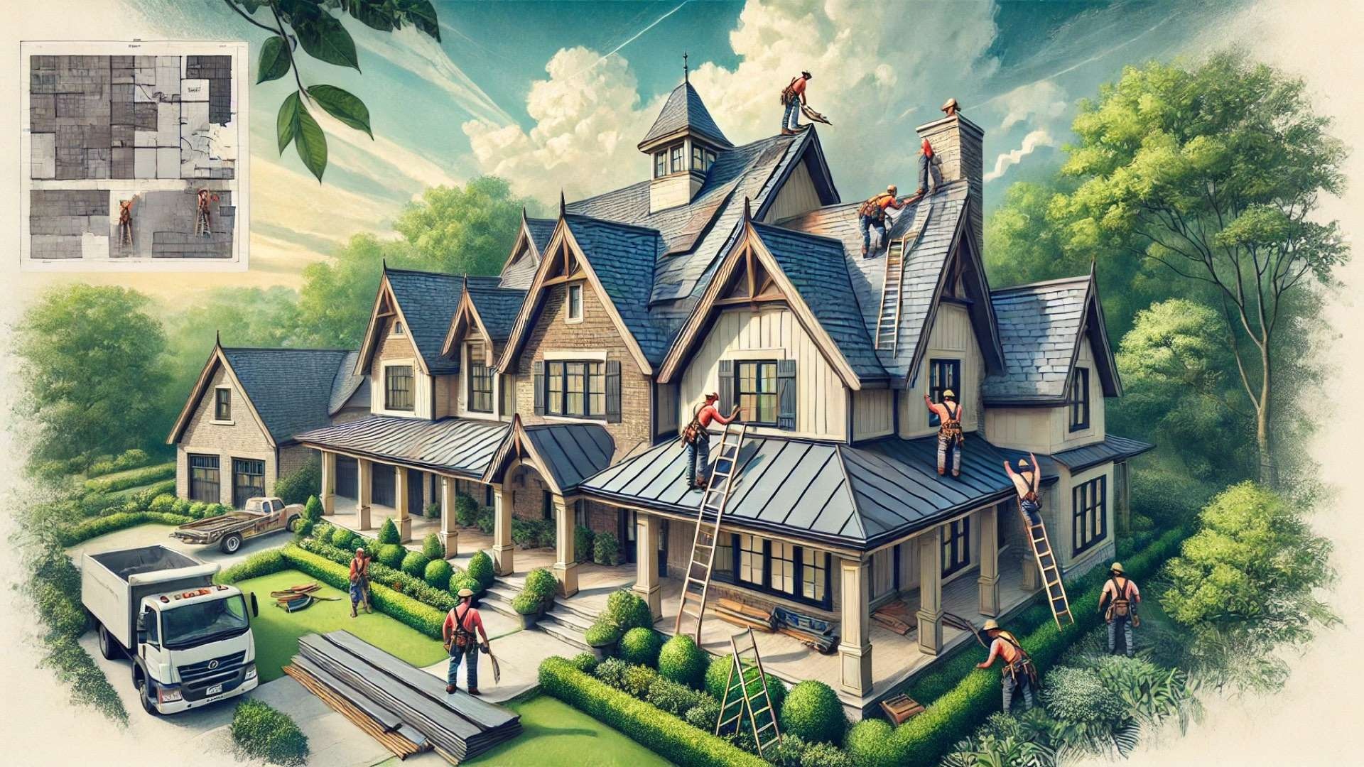 expert roofers replacing a roof on a charming Nashville home, emphasizing craftsmanship, care, and the harmony between traditional Southern architecture and modern roofing techniques