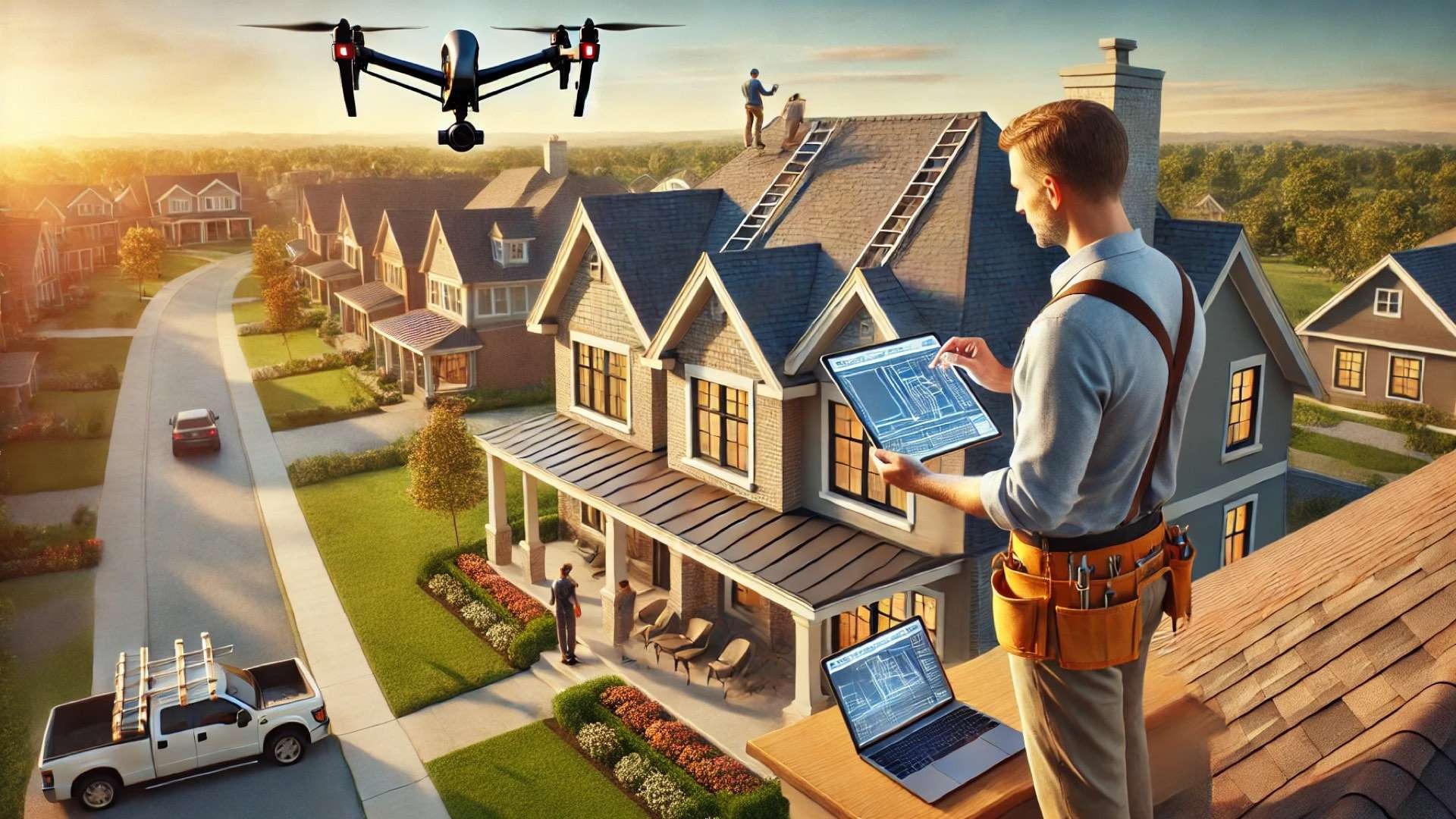 Roofing professionals install a new roof on an upscale suburban home while a drone surveys overhead and a contractor reviews digital plans on a tablet.