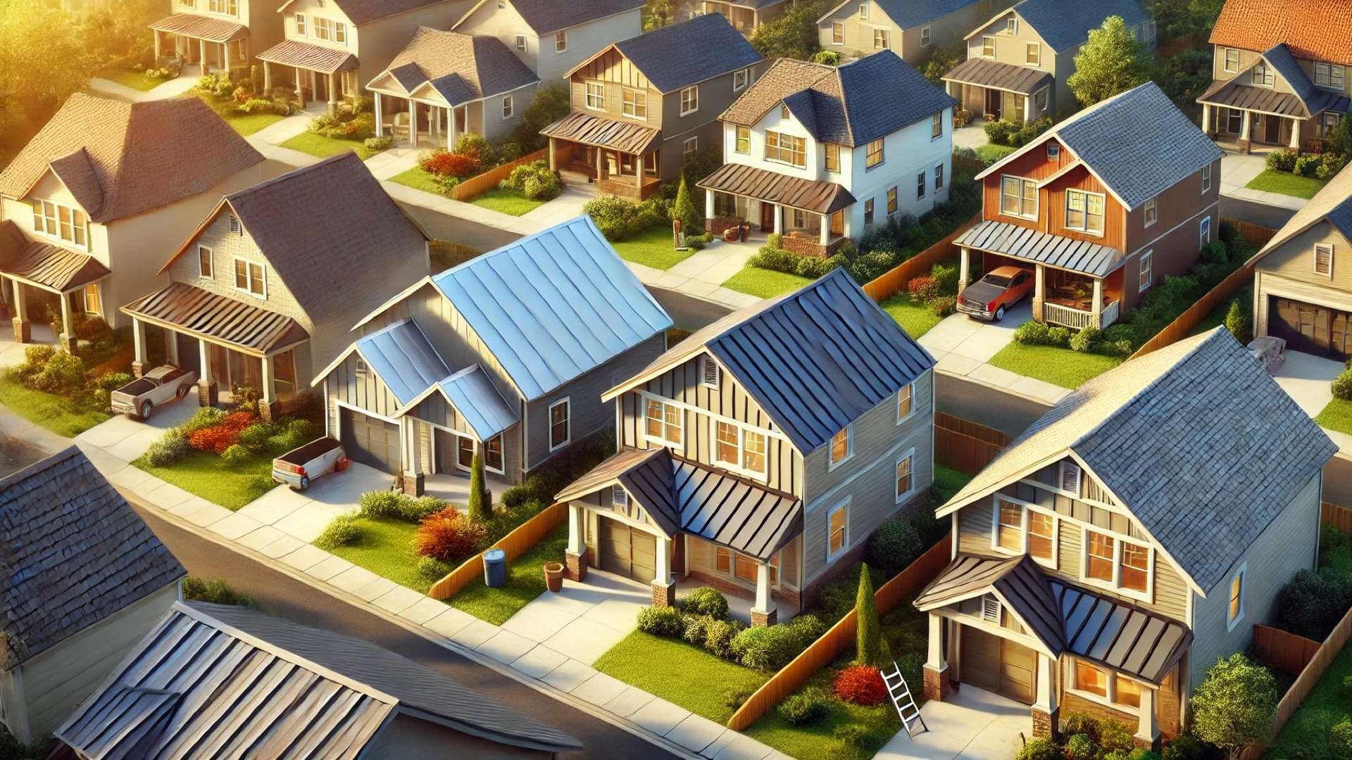 Suburban neighborhood scene showing multiple homes with different roofing types—asphalt shingles, metal panels, and composite tiles—with a ladder and subtle renovation cues indicating budget-conscious upgrades.