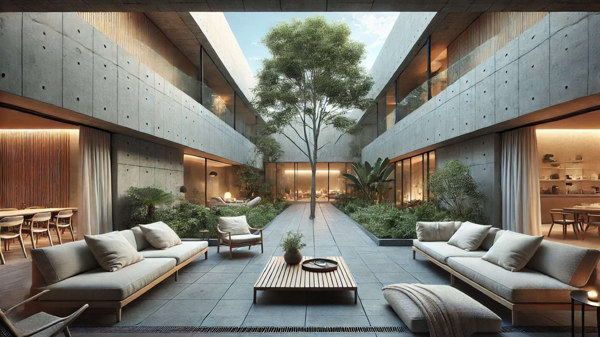 central patio lounge of House G—showcasing the tranquil blend of concrete, wood, greenery, and open-air comfort that defines this architectural centerpiece