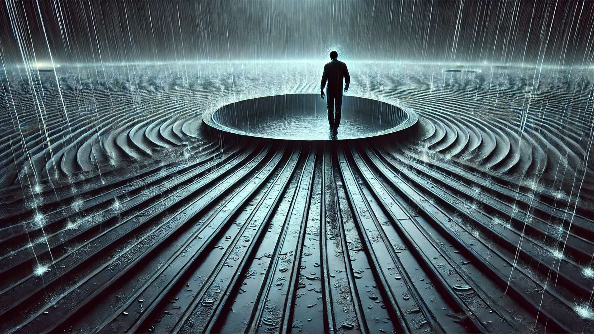 A man stands at the center of a circular recessed platform surrounded by concentric ridges in heavy rain, viewed symmetrically from behind, emphasizing structural clarity over isolated variables.