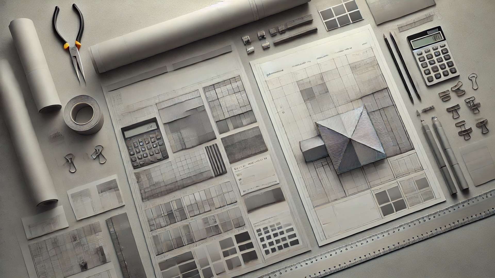 Architectural drawings and tools arranged on a drafting table, including blueprints, measuring tools, and a small geometric model.