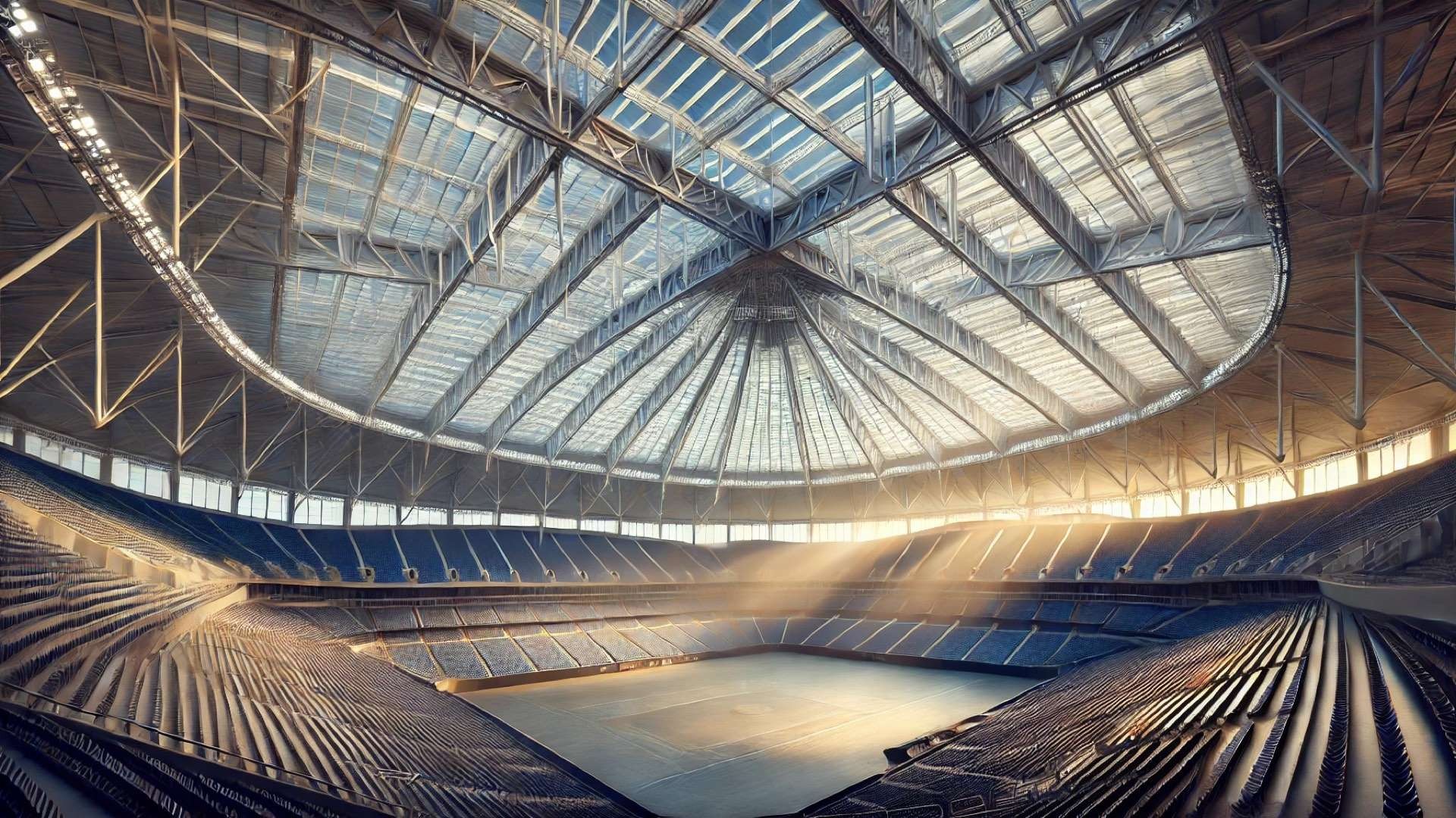 dramatic interior perspective of Tropicana Field after the roof replacement, highlighting the new fiberglass membrane and structural elements