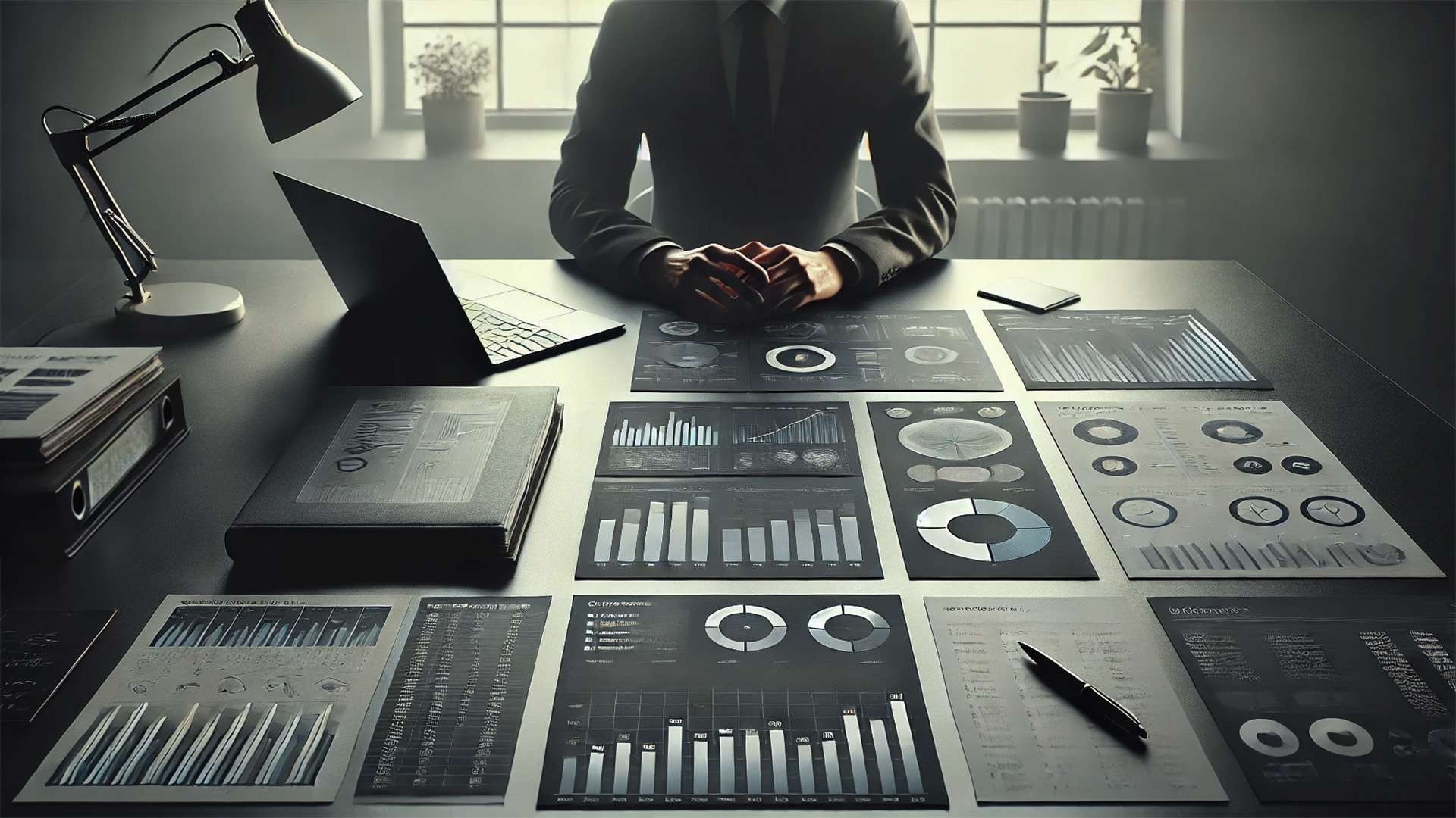 A suited professional seated at a desk reviewing printed charts and graphs laid out in a grid pattern under soft office lighting.