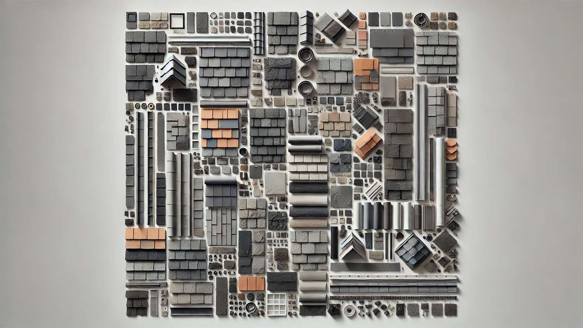 A large wall display of building materials—roof shingles, tiles, and components—arranged in a structured grid layout.