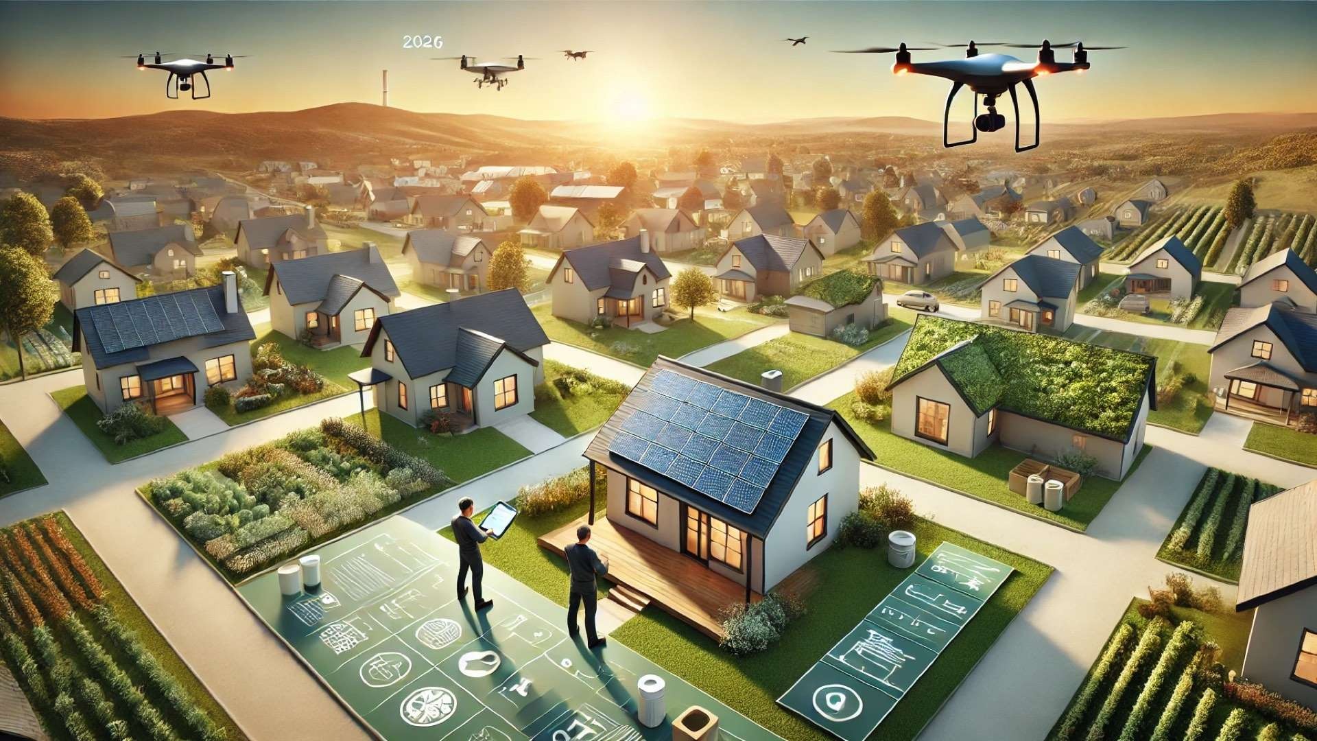 Sunrise over a modern suburban neighborhood featuring solar, cool, and green roofs as roofing professionals collaborate on-site, representing innovation and sustainable industry growth.