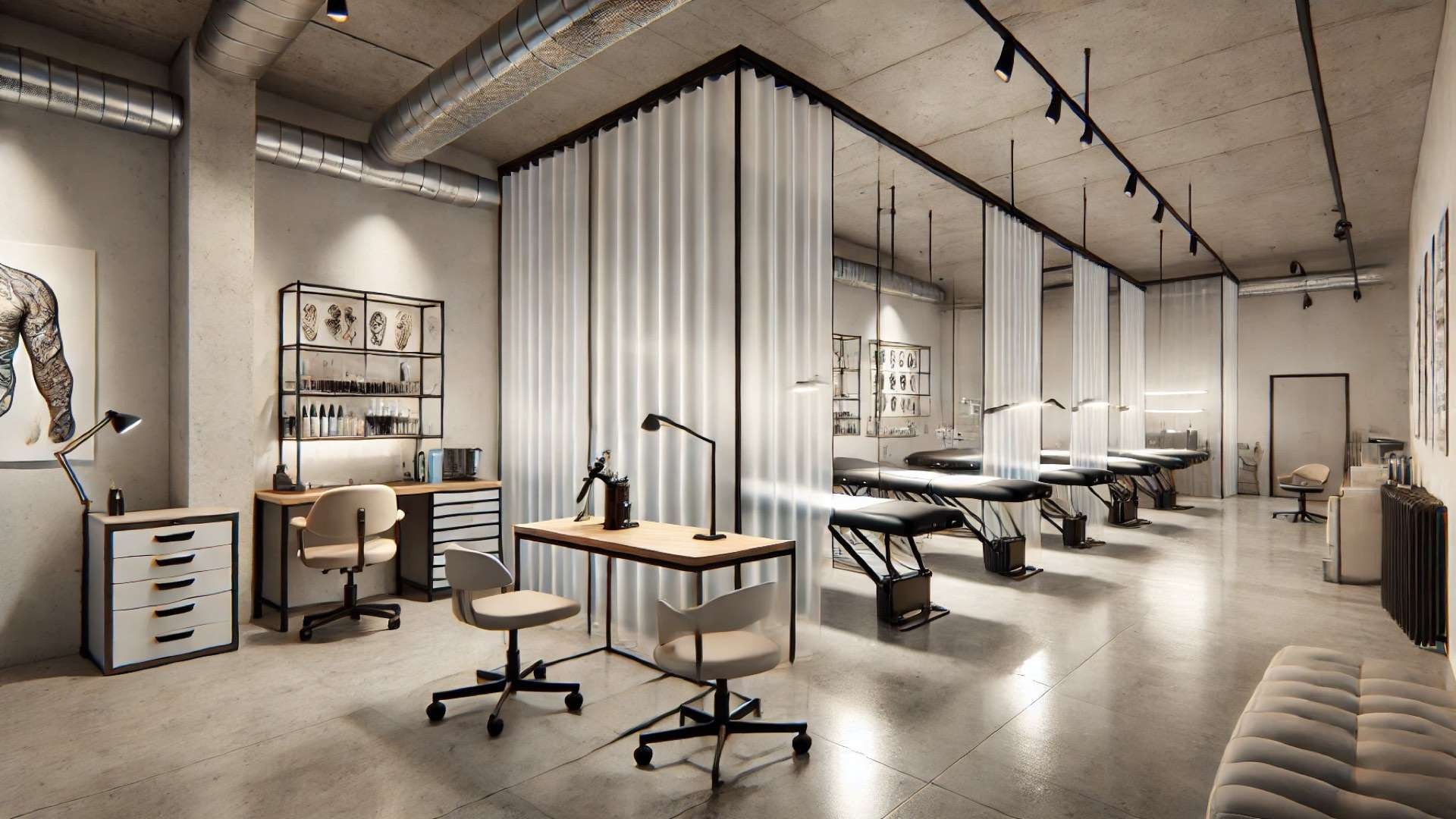 BLOK tattoo studio in Badalona — a minimalist, industrial-inspired space blending clinical precision with creative warmth