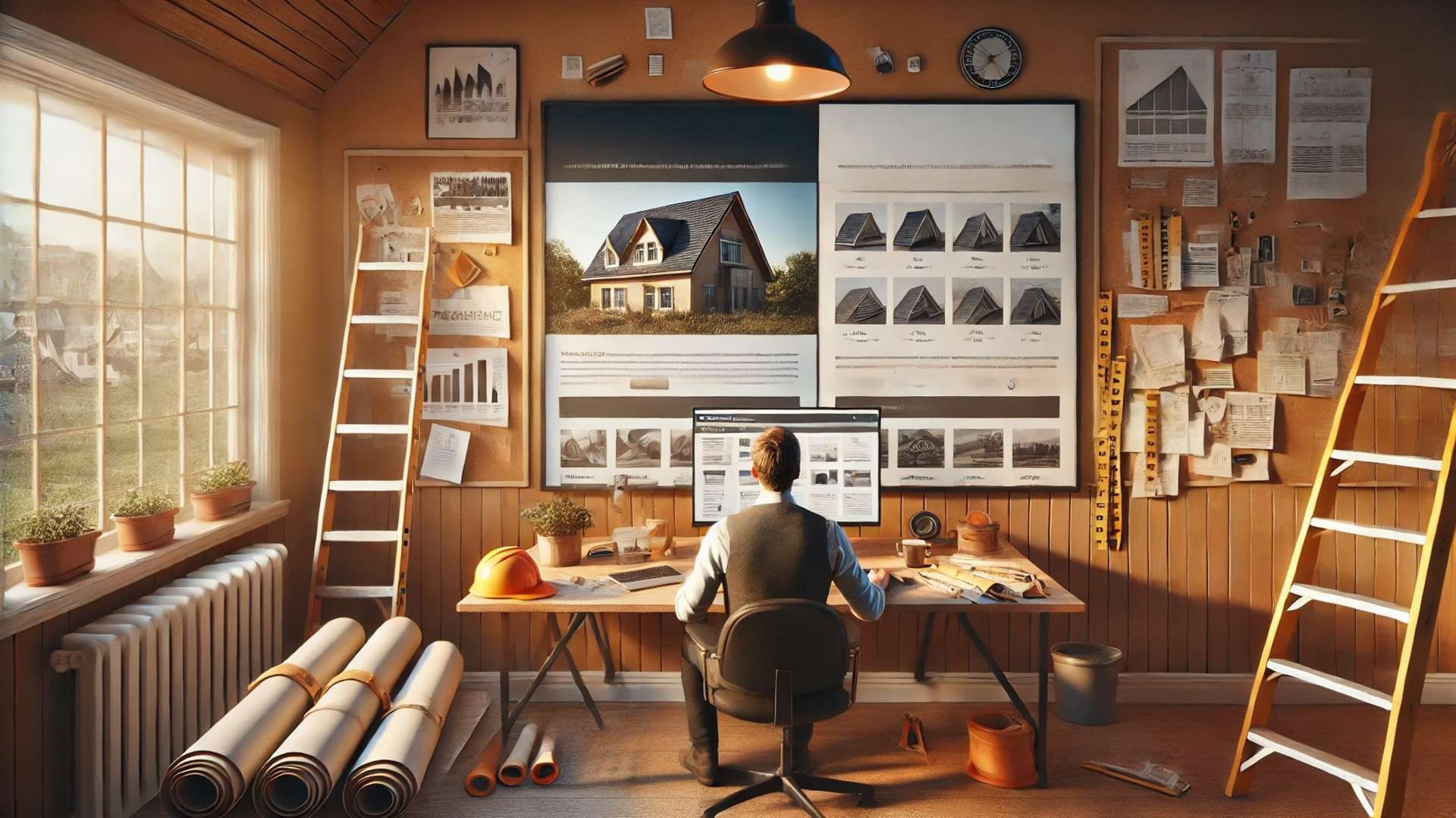Roofing company owner reviewing weak content examples versus strong authority-building content on a computer monitor in a warm, well-lit contractor office.