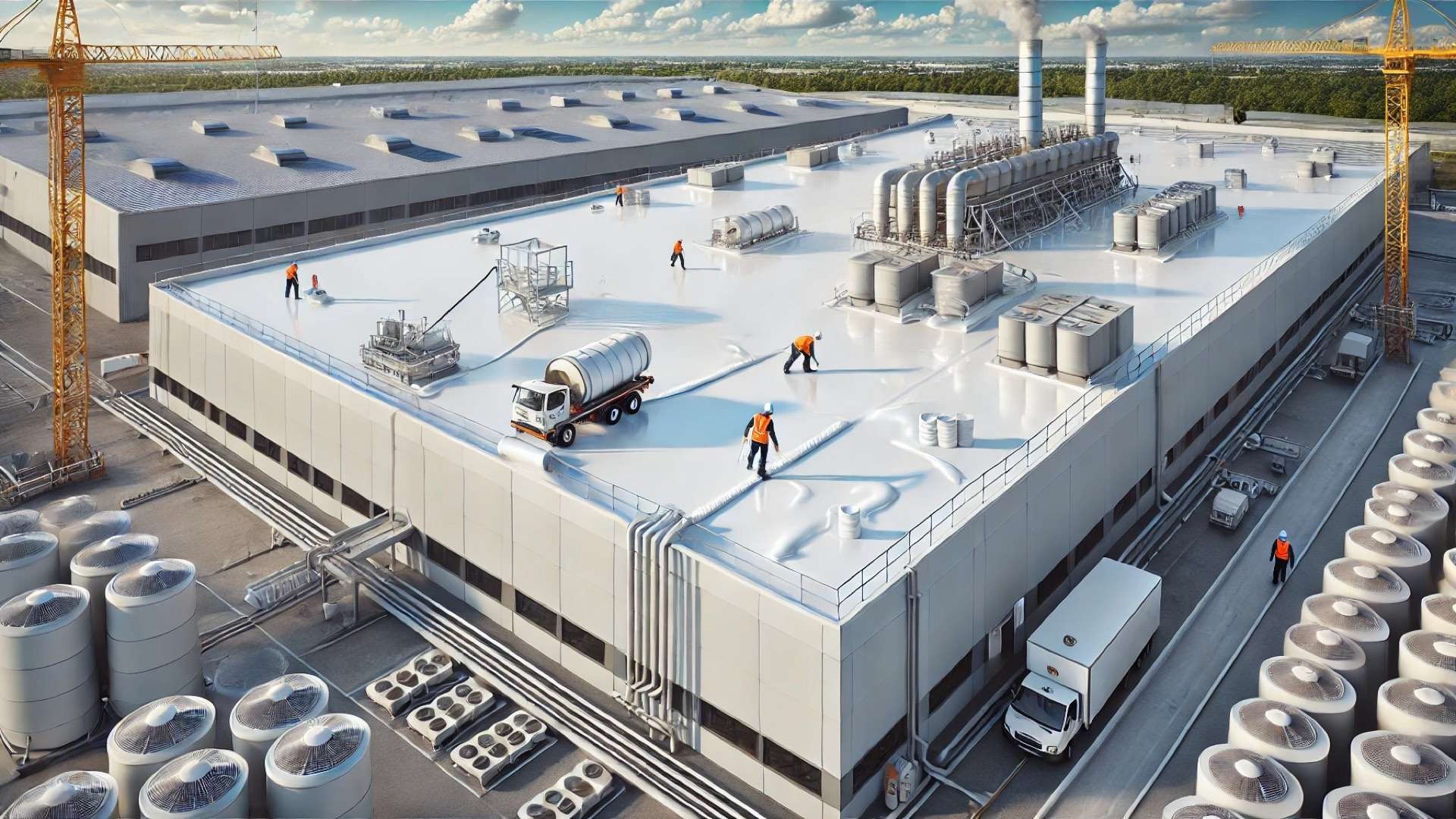 capturing the advanced application of fiber-reinforced SEBS mastic on a commercial flat roof, emphasizing its clean, durable, and high-performance qualities in a realistic setting