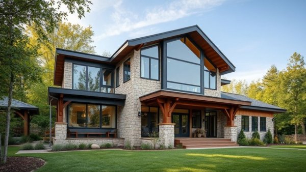 Modern Texas river house with large windows, childhood camping memories.