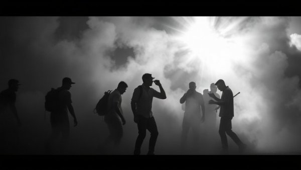 Silhouettes working in smoke, depicting ecological crisis, black and white.