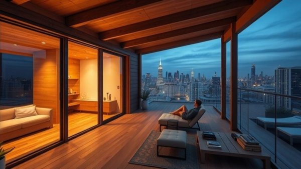 rooftop wooden residence in Bangkok, emphasizing the warmth of natural wood, panoramic views, and a tranquil, minimalist design
