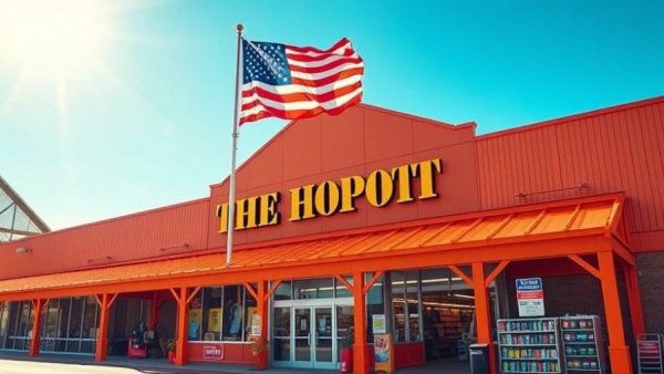 The Home Depot storefront with signage and flag under sunlight.