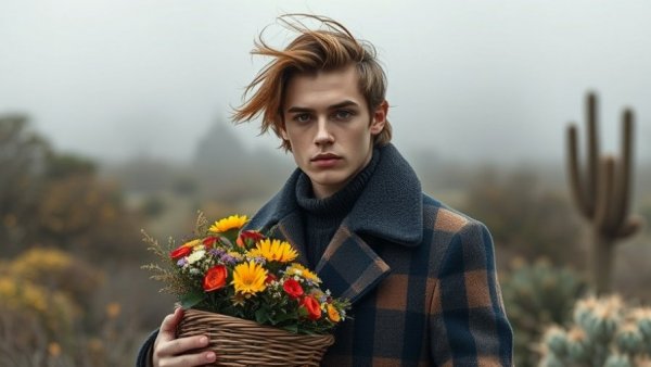 Sustainable luxury fashion shown with a stylish plaid coat in a natural setting.