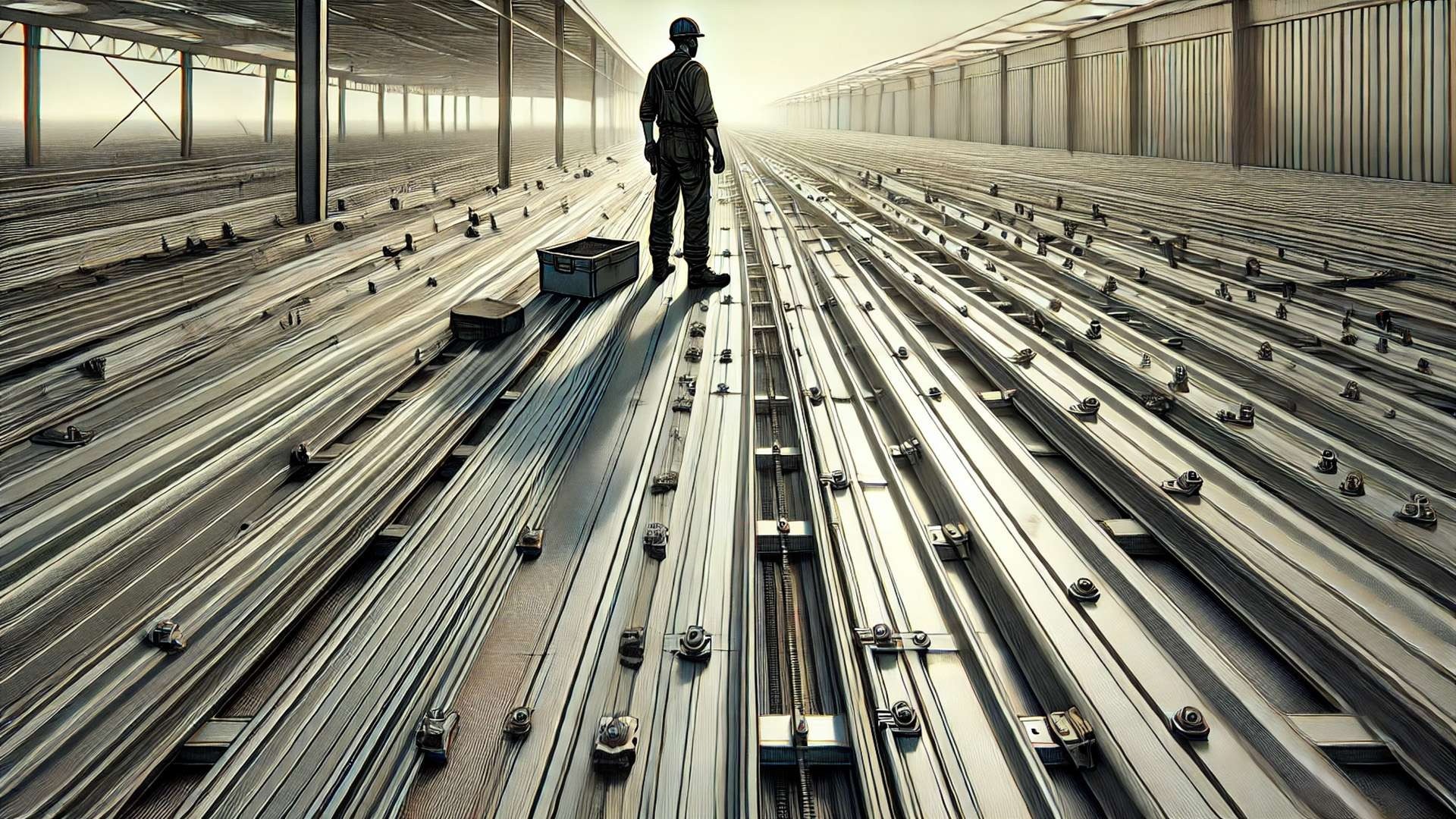 A worker wearing protective gear stands on a large metal roof with exposed fasteners and structural rails inside an industrial building, tools nearby, symbolizing operational installation rather than theory.