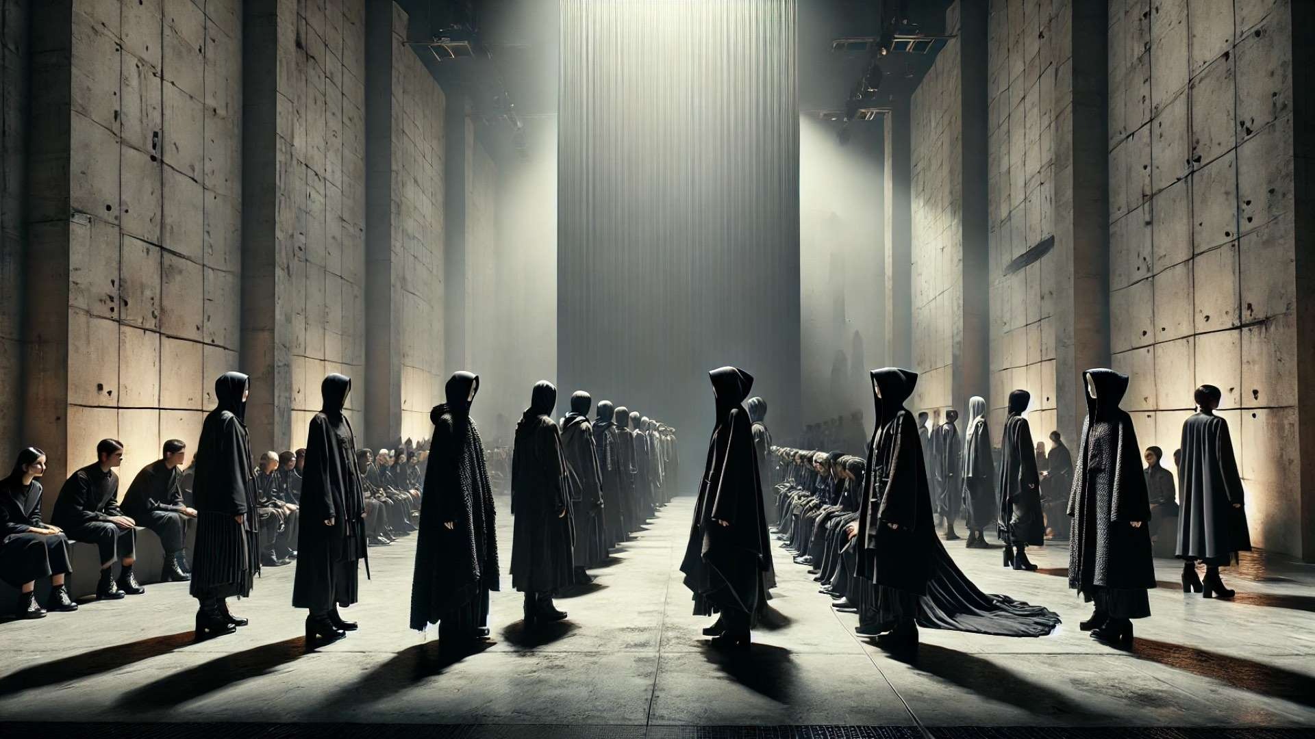 Immersive black-clad fashion performance in a dramatic concrete hall, with models arranged in sculptural formation under moody, theatrical lighting.