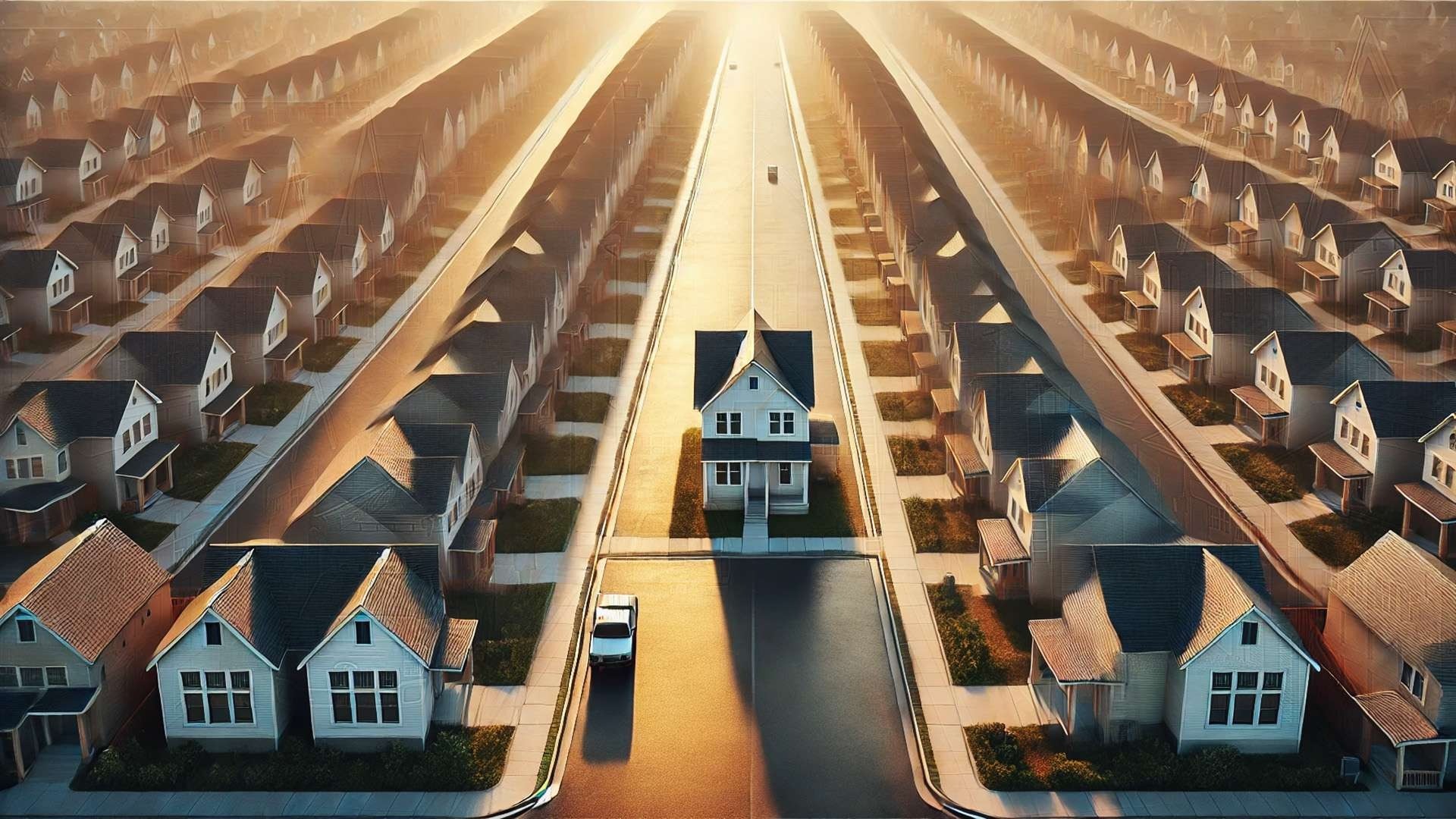 Elevated view of a suburban neighborhood with one house isolated at the center, bathed in warm directional light, representing strategic differentiation.