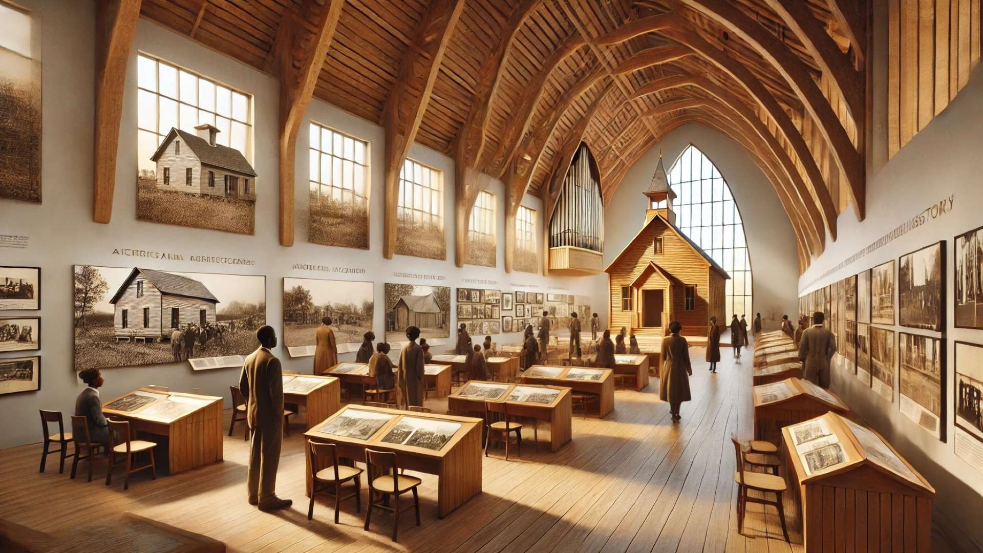 Exhibition space combining a reconstructed classroom and chapel elements, with wooden desks, archival displays, and visitors engaging with African American architectural history.