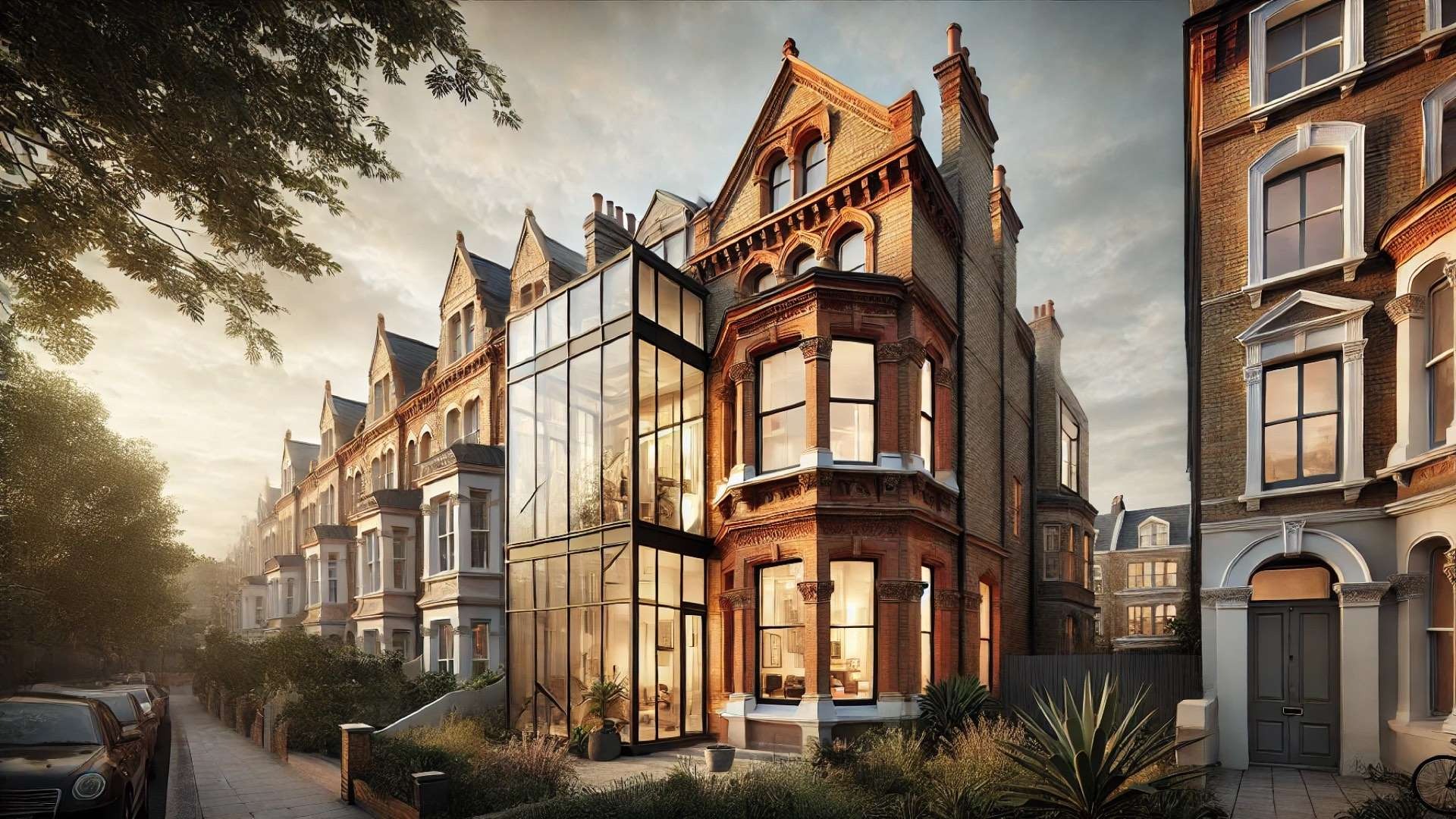 Victorian brick terrace house in South London with ornate masonry and bay windows dramatically contrasted by a tall geometric glass extension, glowing warmly from within and opening toward a landscaped urban garden.